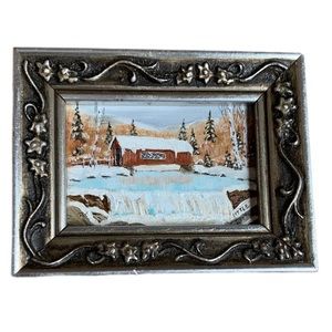 Mini 3D Oil Painting Signed Framed Barn Snow Winter Lake Waterfall Landscape 3x2